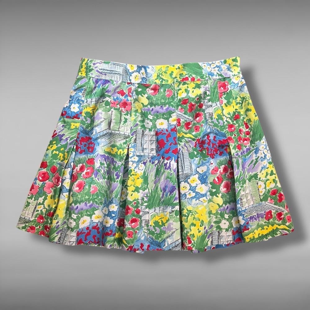 VTG Floral Garden Pleated Skirt Cottagecore Artcore Watercolor 90s Old Money